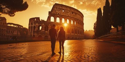 Частный гид и пара прогуливаются по Римскому форуму на фоне Колизея